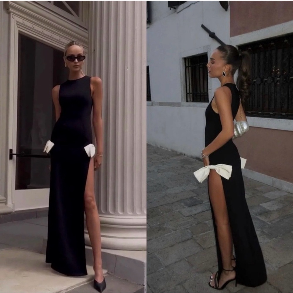 Atoir Black Maxi Dress with White Bow Accents